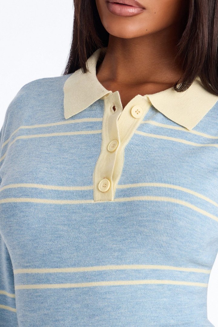 Snuggle Season Striped Polo Sweater - Light Blue