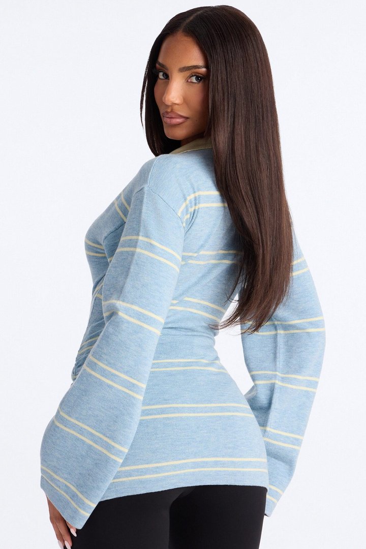 Snuggle Season Striped Polo Sweater - Light Blue