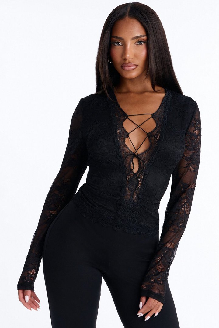 Secret Obsession Lace Long Sleeve Top - Black