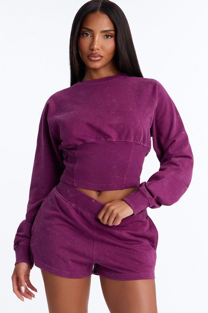 Cool And Casual Washed French Terry Short Set - Plum