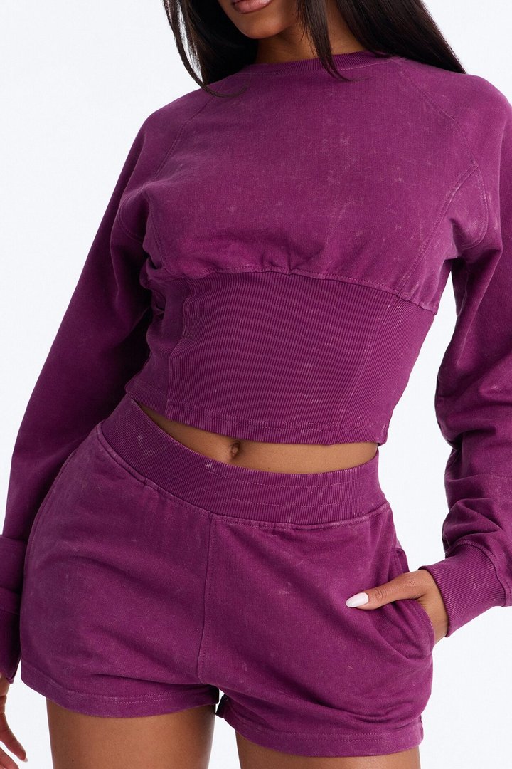 Cool And Casual Washed French Terry Short Set - Plum