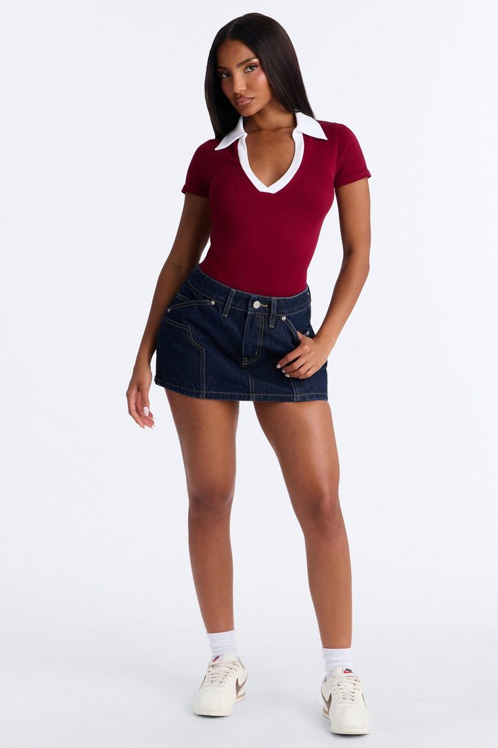 Shani Ribbed Collared Short Sleeve Bodysuit - Wine/combo