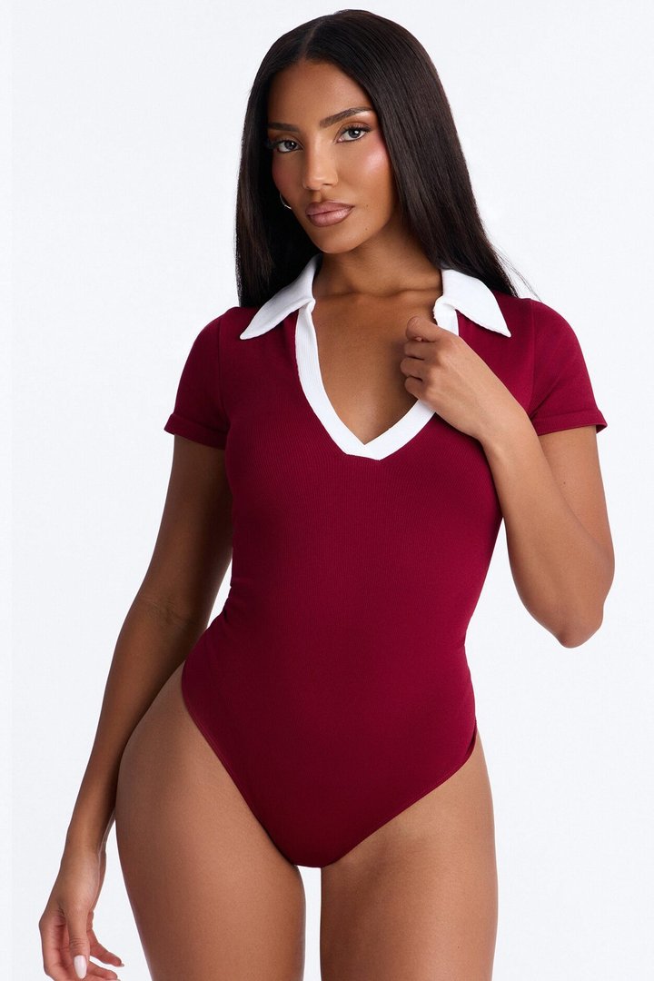 Shani Ribbed Collared Short Sleeve Bodysuit - Wine/combo