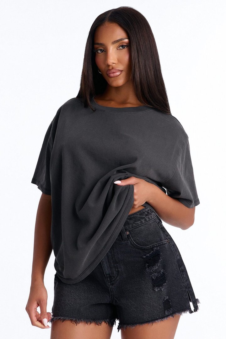 Billie Oversized Washed Crew Neck T-Shirt - Black