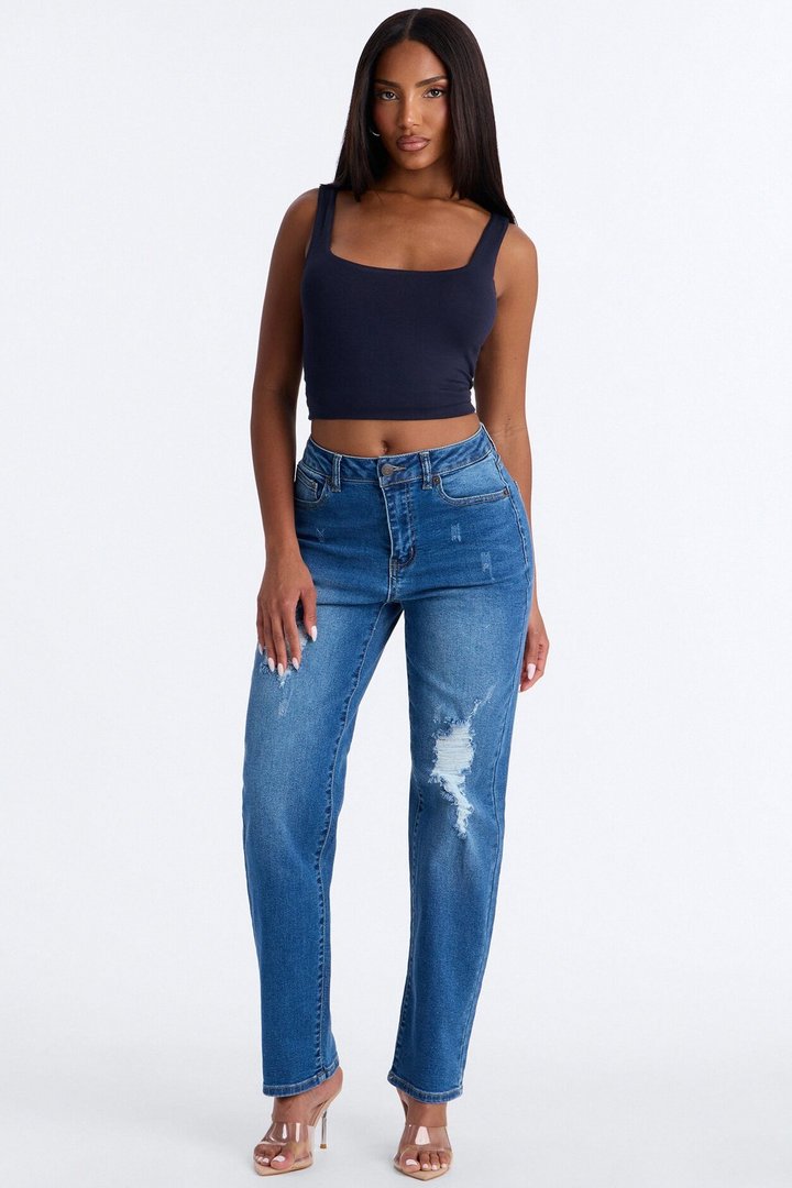 Skye Stretch Ripped Straight Leg Jeans - Medium Wash