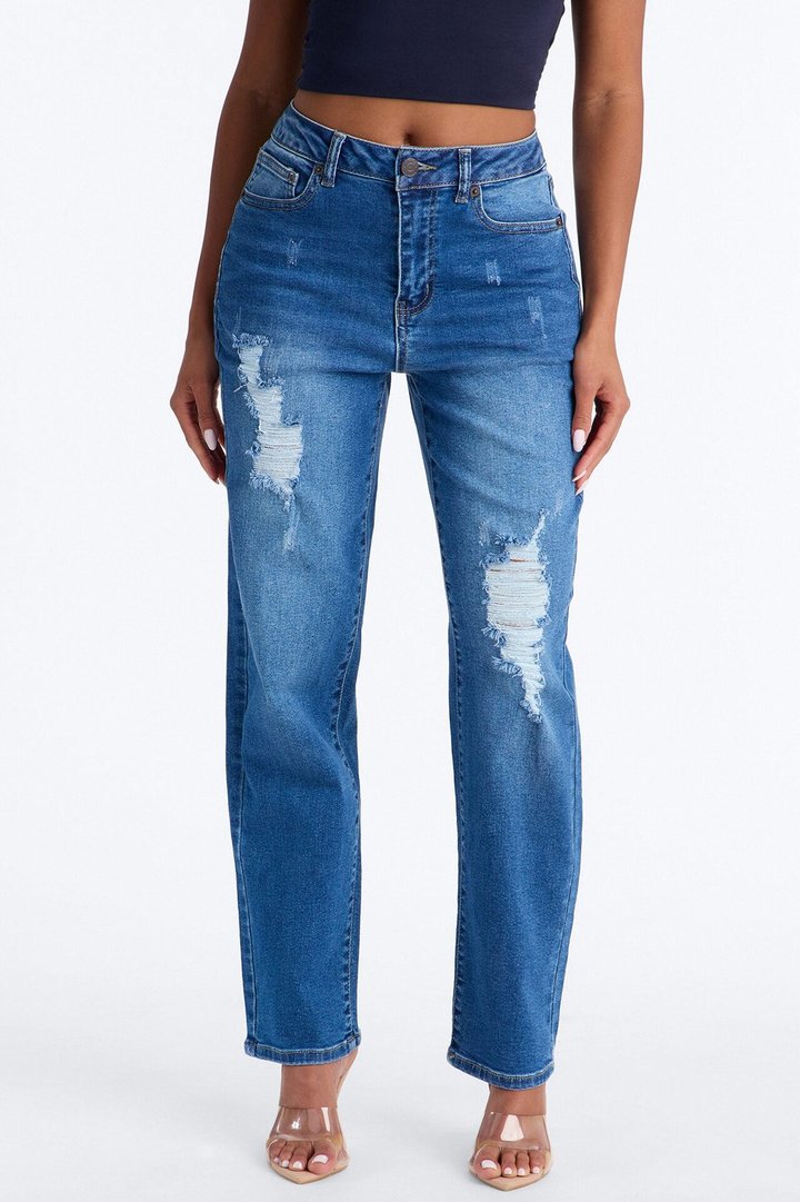 Skye Stretch Ripped Straight Leg Jeans - Medium Wash
