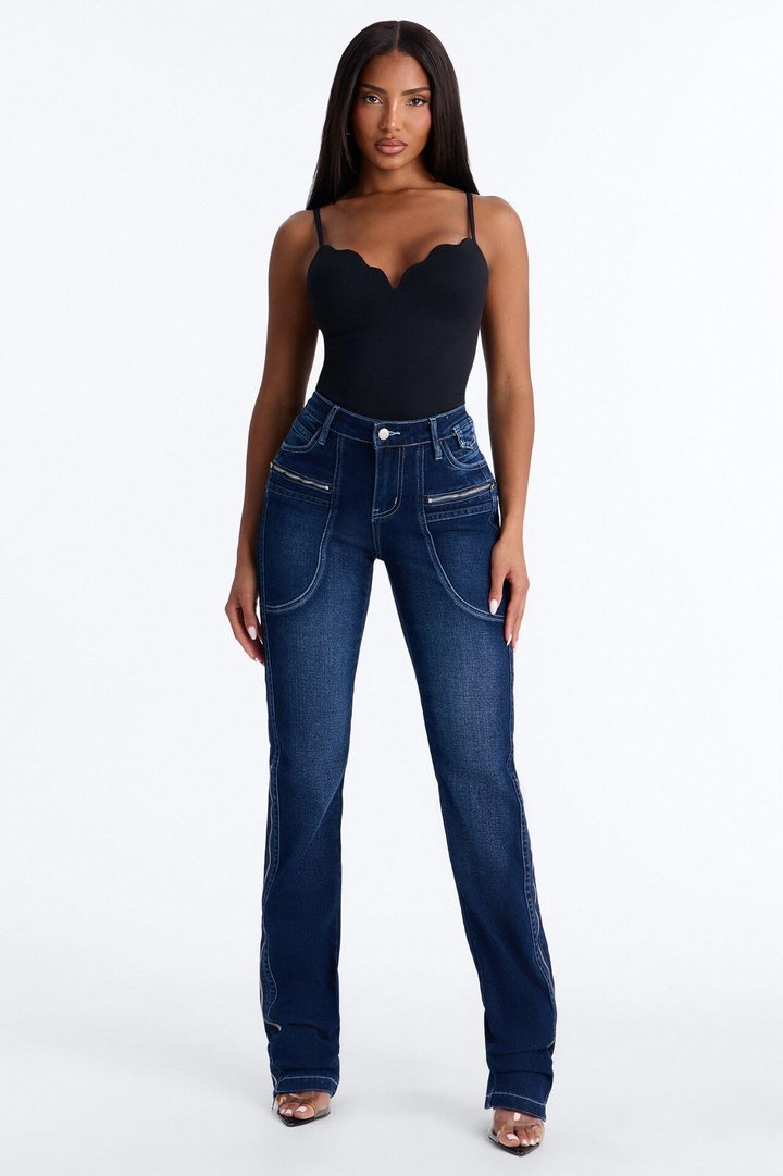 Split Decision Zipped Moto Skinny Jeans - Dark Wash
