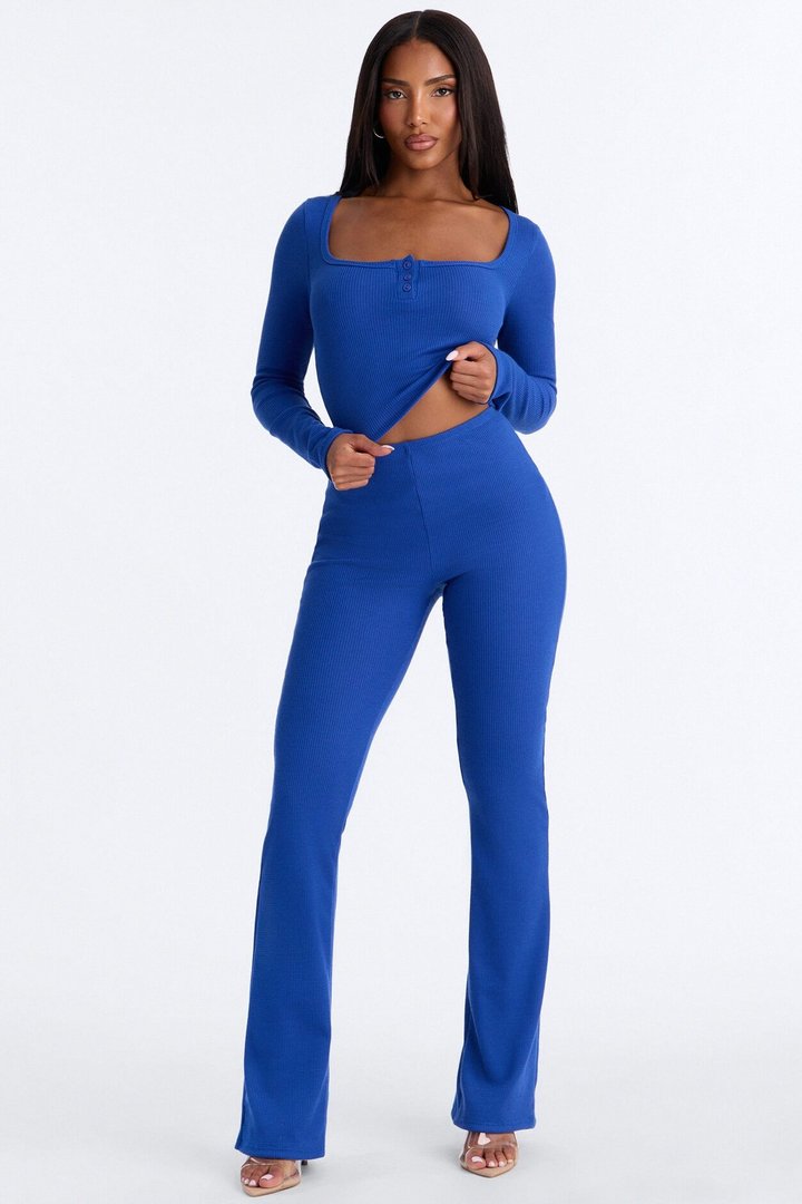 Marissa Long Sleeve Waffle Pant Set - Blue
