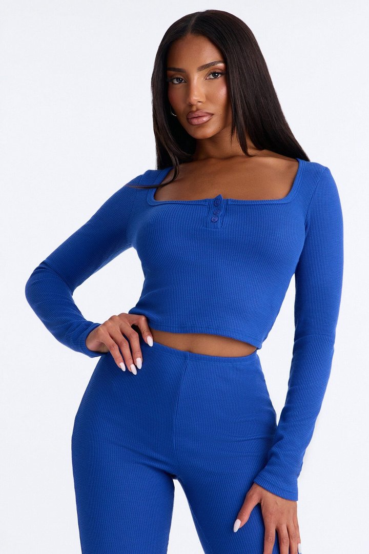 Marissa Long Sleeve Waffle Pant Set - Blue