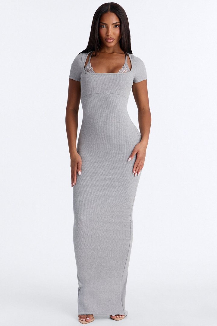 Savanna Lace Snatched Maxi Dress - HeatherGrey