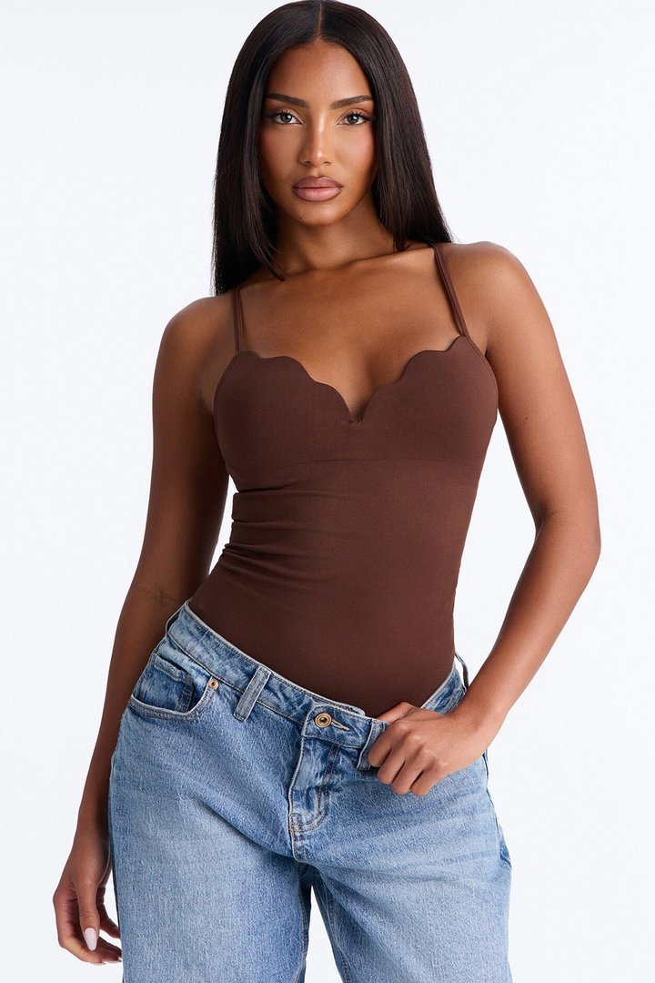 Sydney Padded Scallop Neck Seamless Bodysuit - Brown