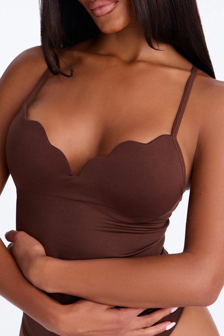 Sydney Padded Scallop Neck Seamless Bodysuit - Brown