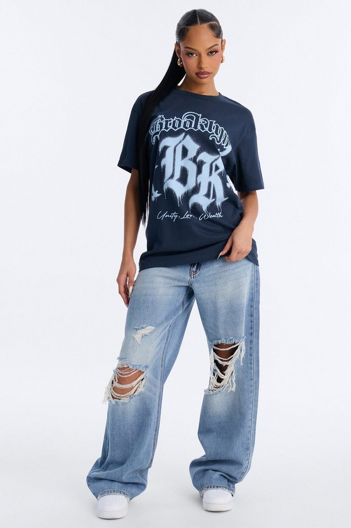 Brooklyn Drip Oversized Washed Tee - Navy