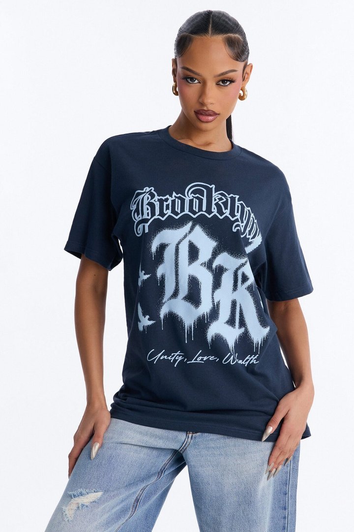 Brooklyn Drip Oversized Washed Tee - Navy