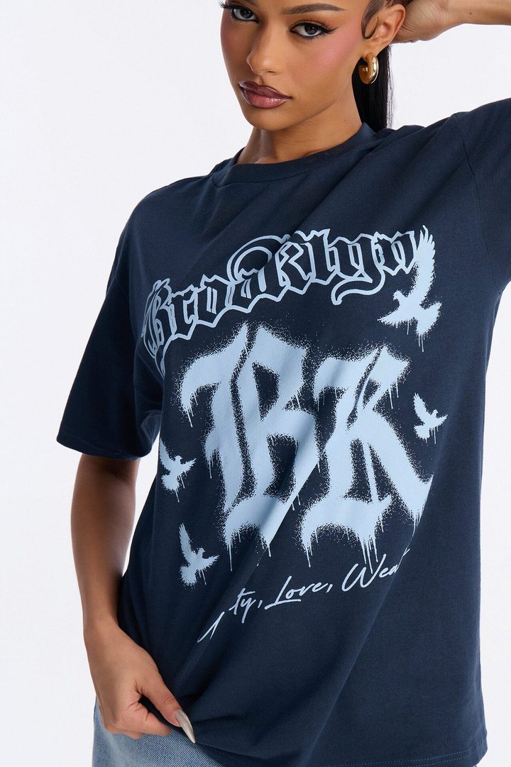 Brooklyn Drip Oversized Washed Tee - Navy