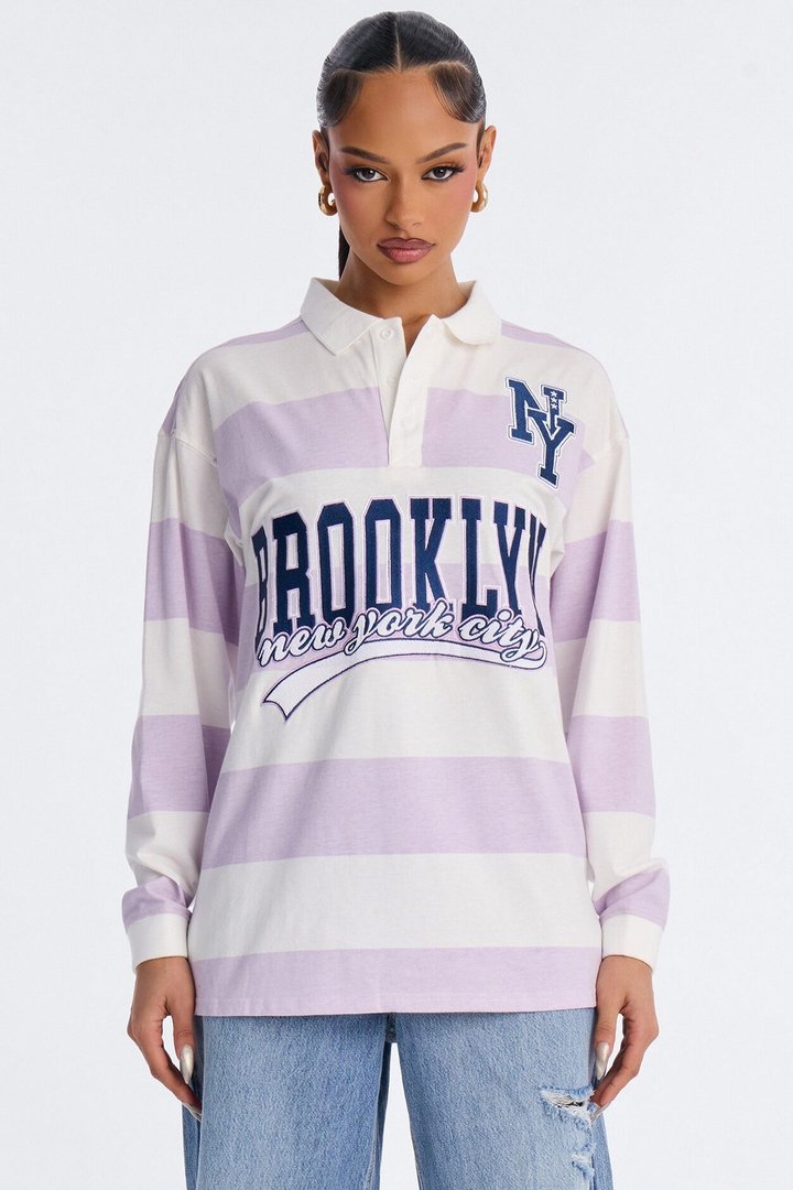 Brooklyn NY Striped Long Sleeve Polo - Lavender/combo