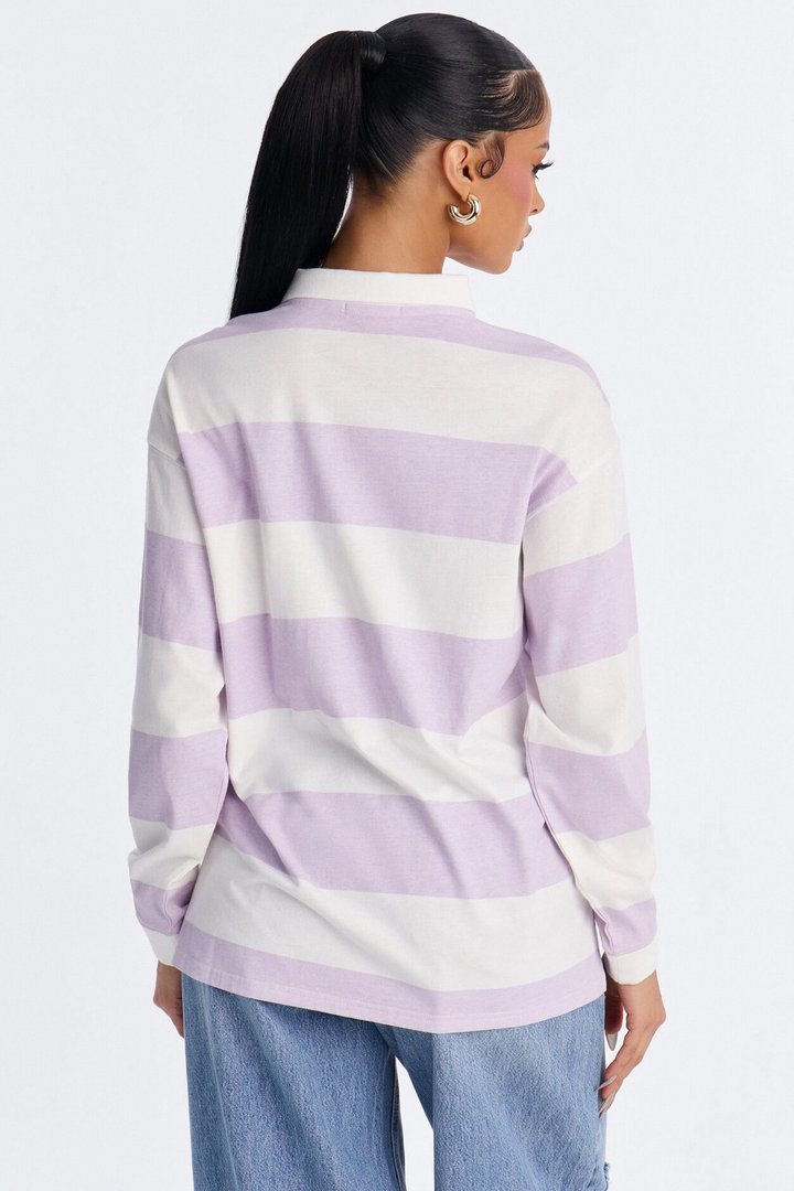 Brooklyn NY Striped Long Sleeve Polo - Lavender/combo