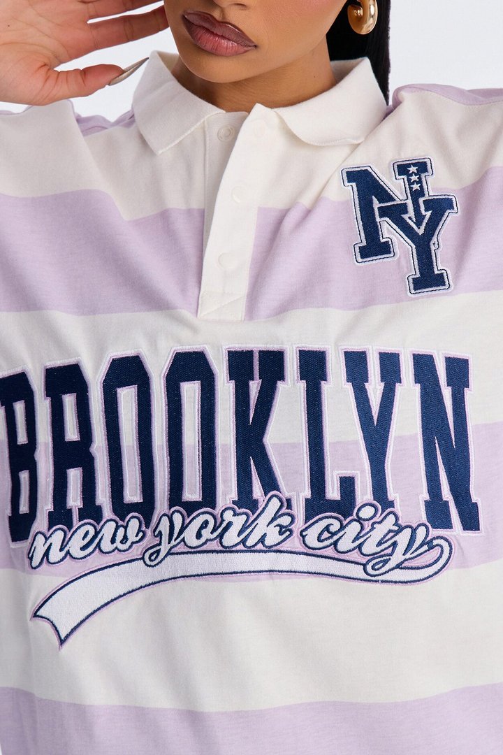 Brooklyn NY Striped Long Sleeve Polo - Lavender/combo