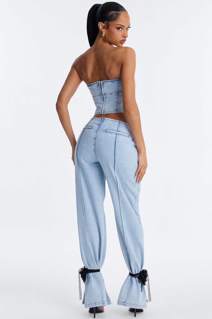 Pretty Little Ties Denim Pant Set - Light Wash