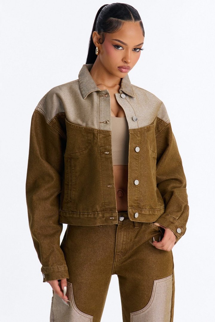The Cold Shoulder Shiny Denim Jacket - Brown