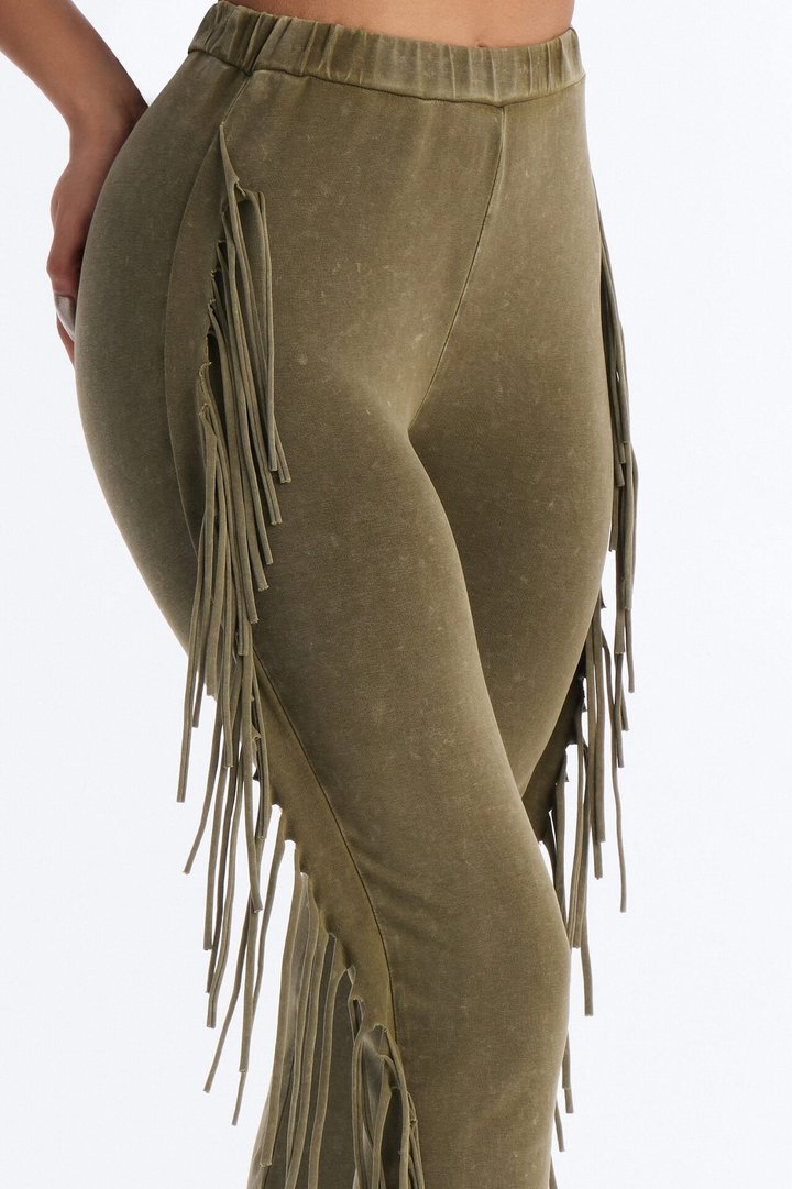 Josie Fringe Washed Mid Rise Flare Pant 33″ - Olive