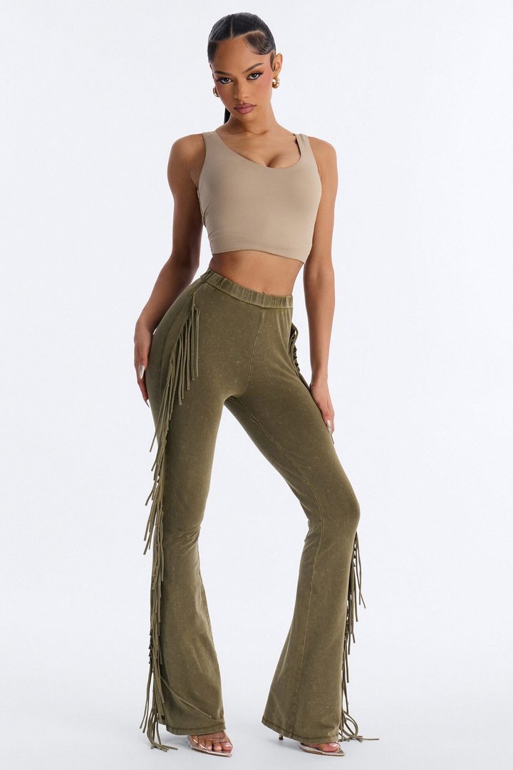 Josie Fringe Washed Mid Rise Flare Pant 33″ - Olive