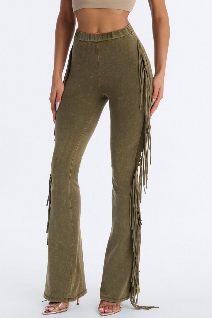 Josie Fringe Washed Mid Rise Flare Pant 33″ - Olive