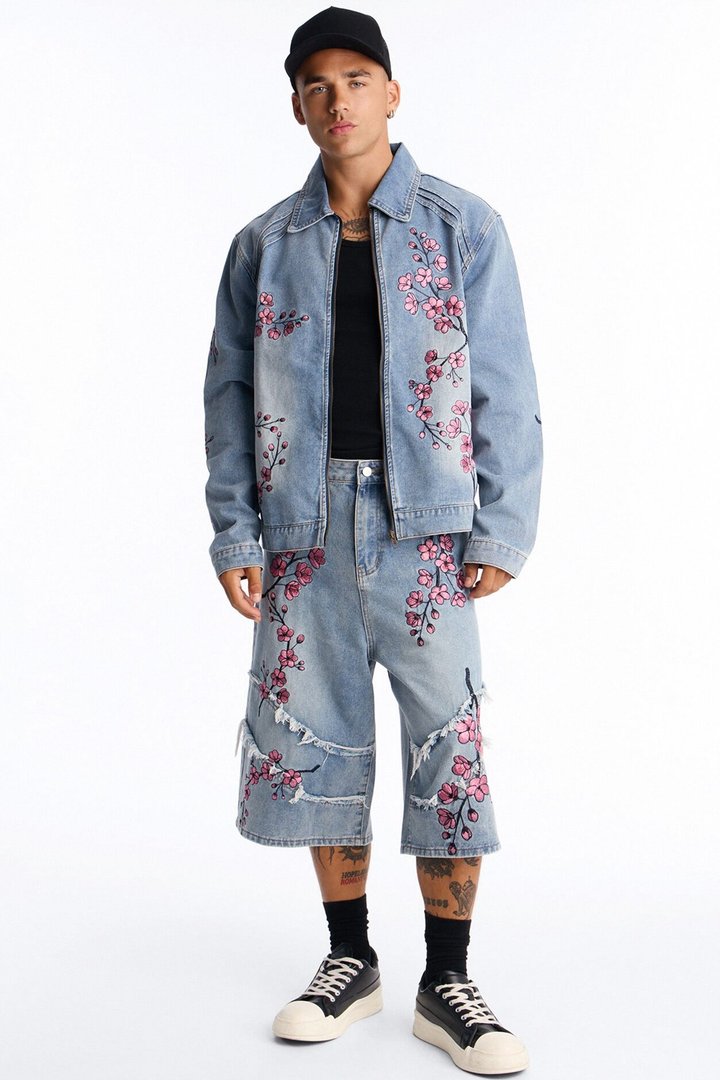 Sakura Flora Embroidered Baggy Denim Short - Light Blue Wash
