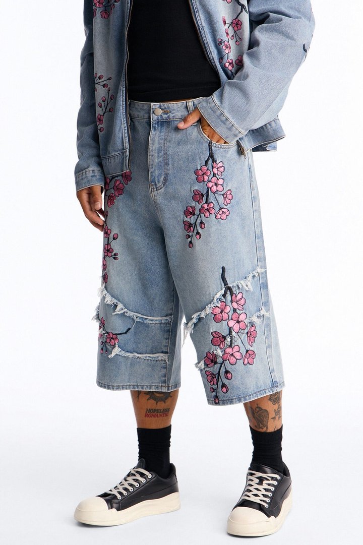 Sakura Flora Embroidered Baggy Denim Short - Light Blue Wash