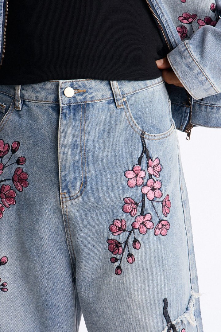 Sakura Flora Embroidered Baggy Denim Short - Light Blue Wash