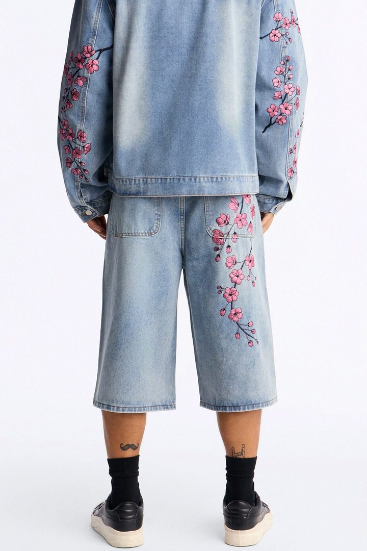 Sakura Flora Embroidered Baggy Denim Short - Light Blue Wash