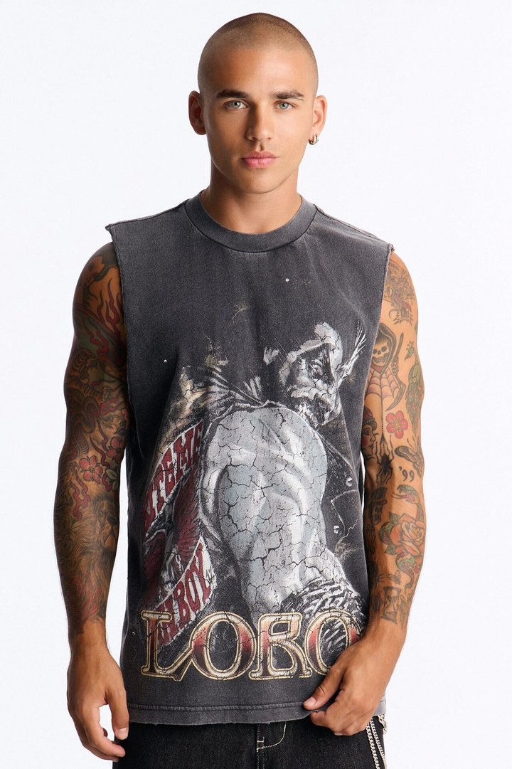 Lobo Distressed Vintage Muscle Tee - Black