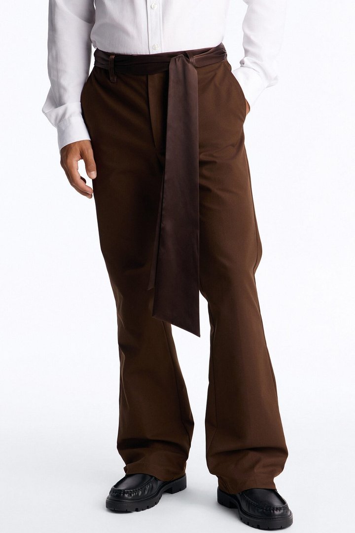 Satin Wrapped Waistband Straight Flare Trouser - Brown