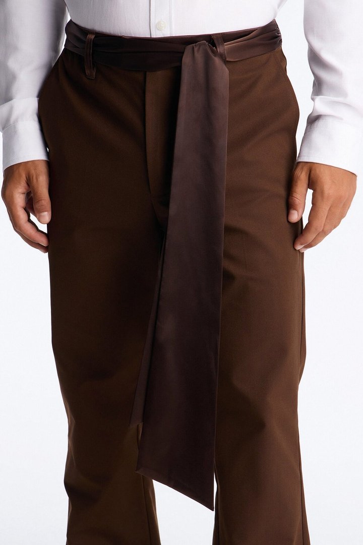 Satin Wrapped Waistband Straight Flare Trouser - Brown