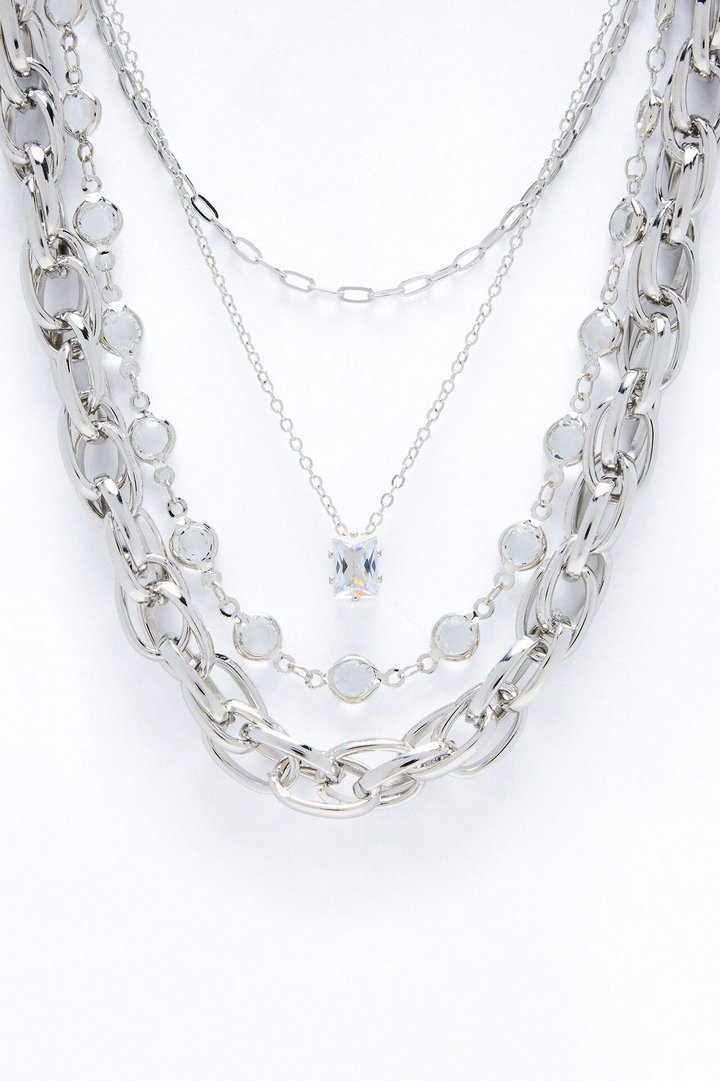 Heads Up Rhinestones Layered Necklace - Silver