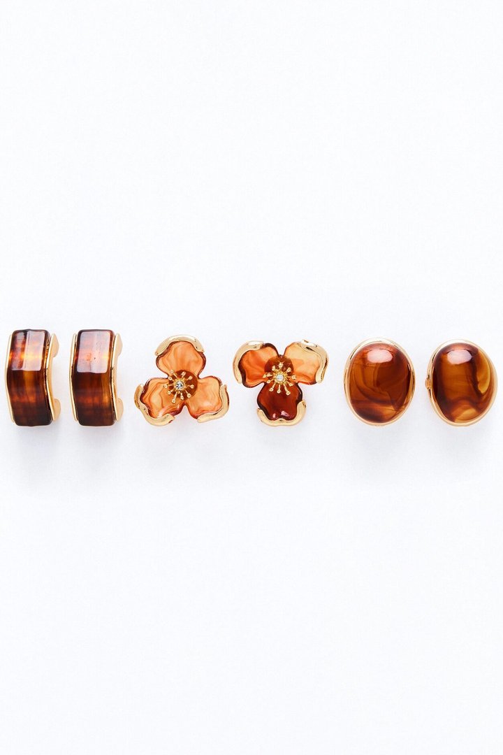 Floral Muse Acrylic 3 Pair Multi Earring Set - Brown