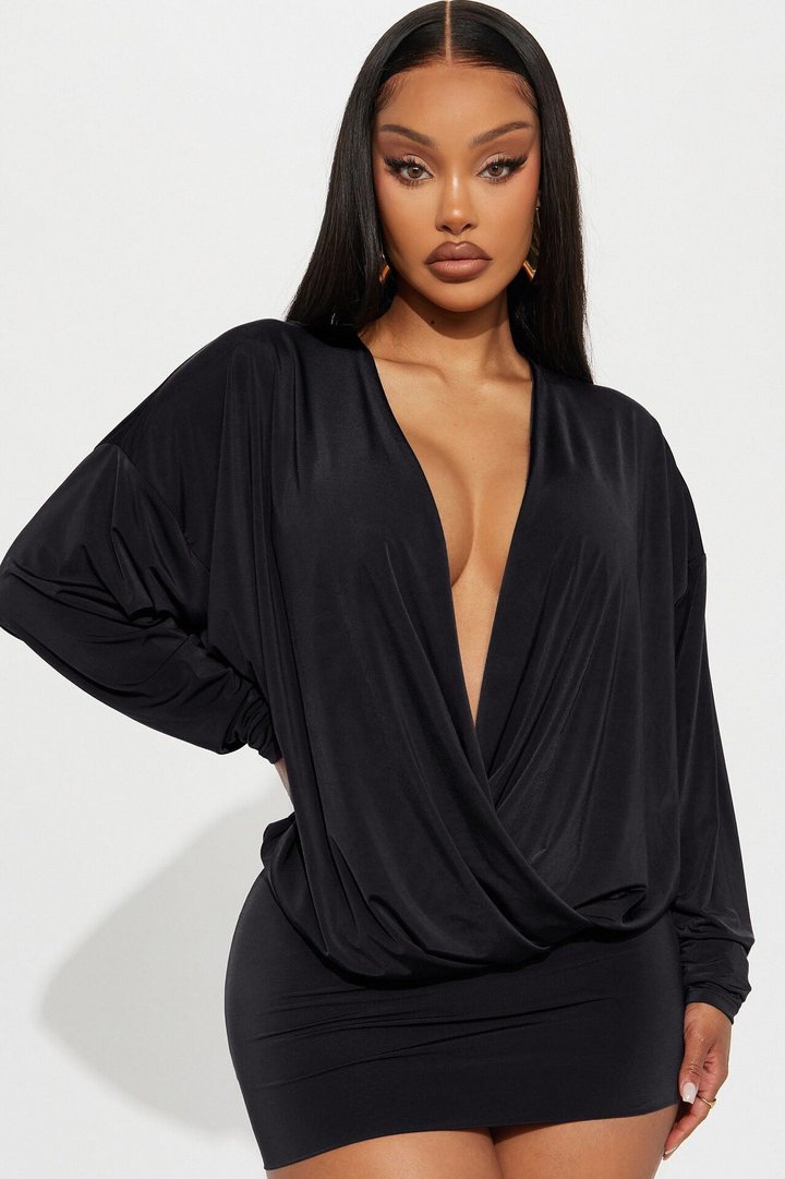 Odette Long Sleeve Mini Dress - Black