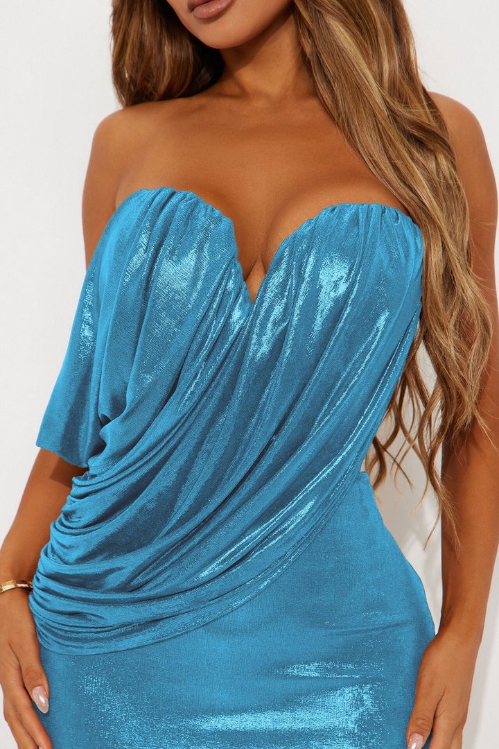 Margaret Metallic Draped Gown - Light Blue