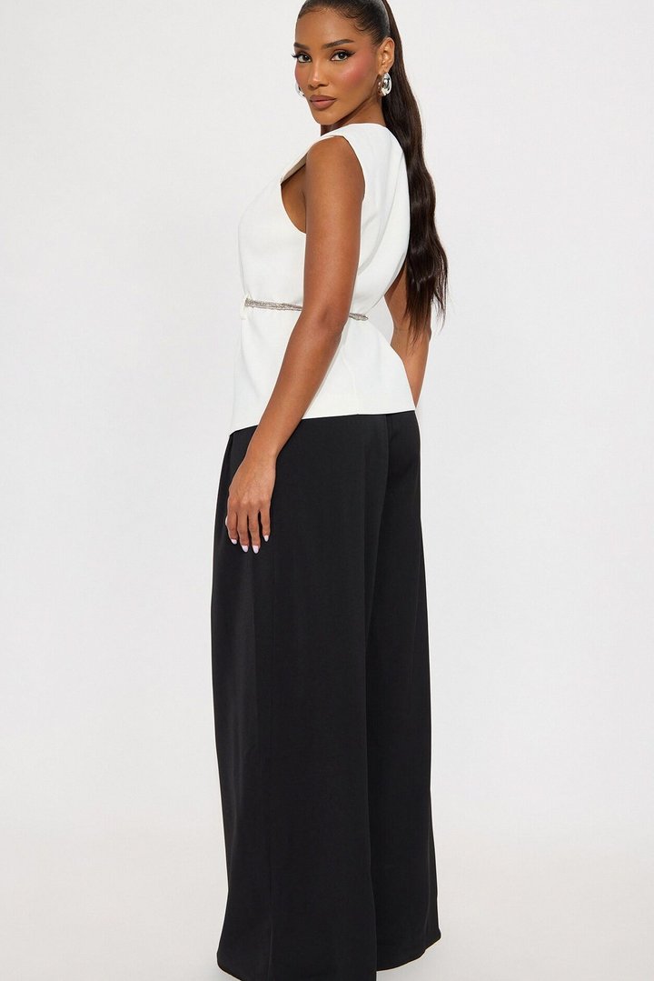 Elise Belted Vest 3 Piece Pant Set - Black/White