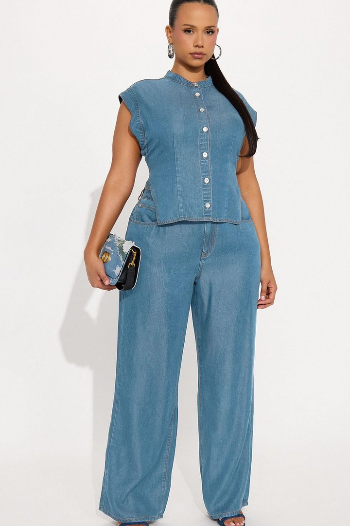 Olivia Wide Leg Pant Set - Light Wash