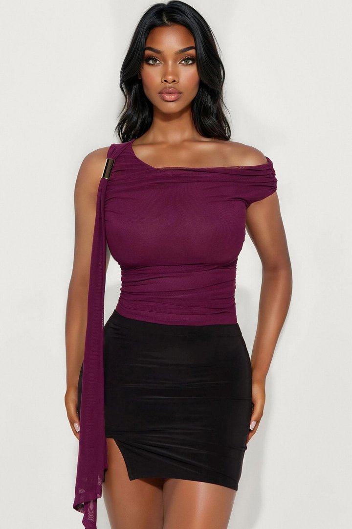 Loretta Off Shoulder Mesh Top - Plum