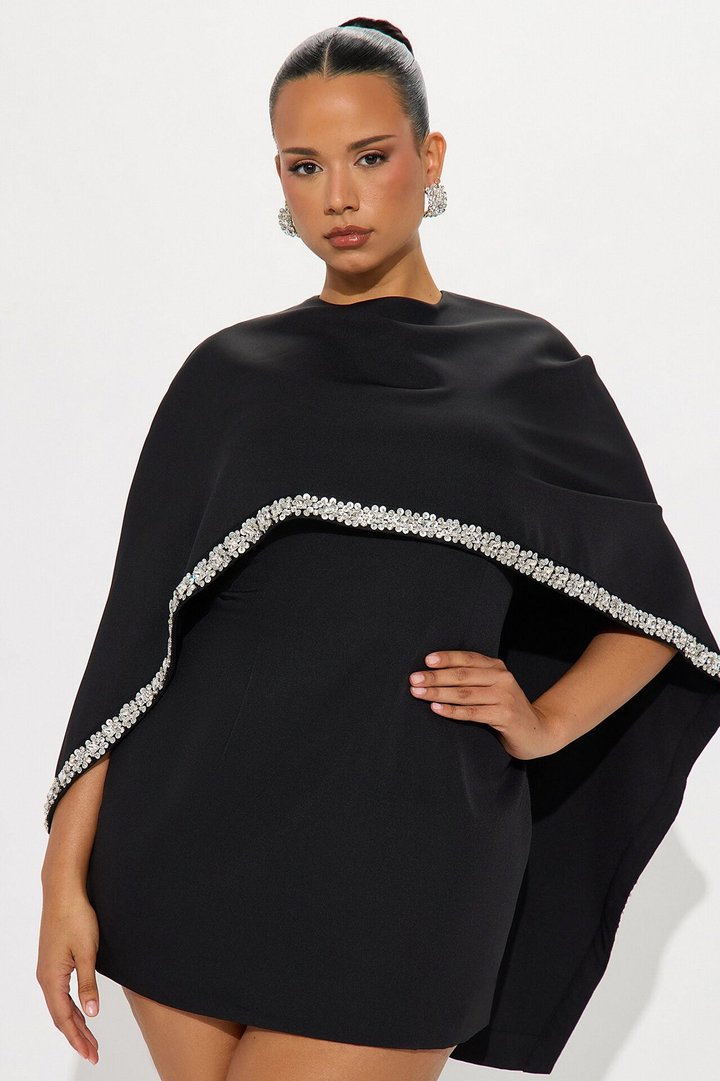 Rosalee Rhinestone Trim Cape Mini Dress - Black