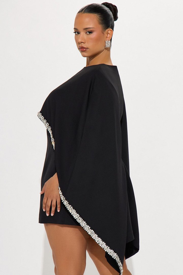 Rosalee Rhinestone Trim Cape Mini Dress - Black