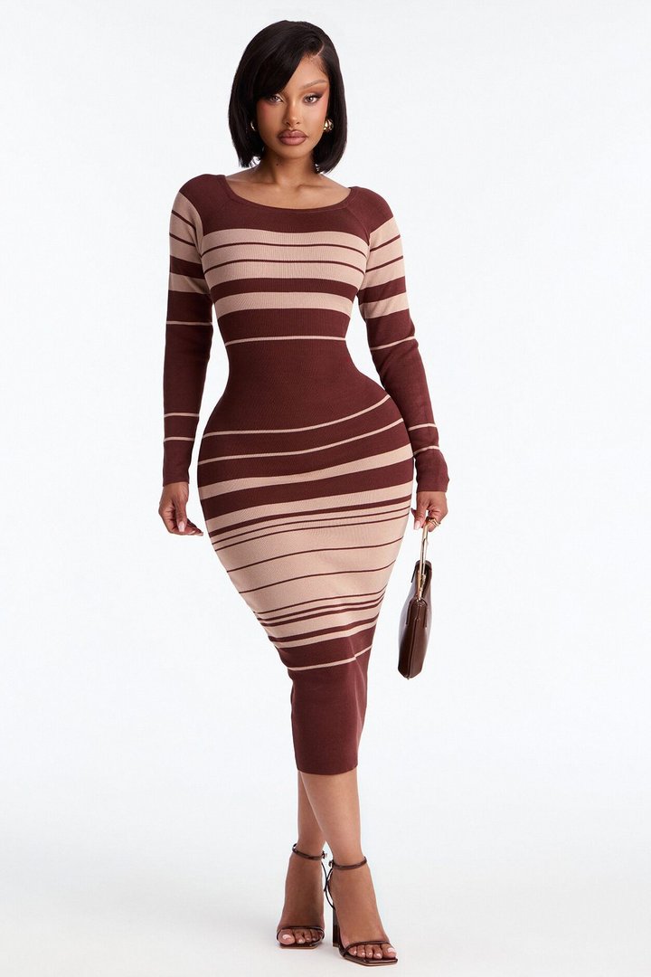 Line Me Up Striped Sweater Midi Dress - Chocolate