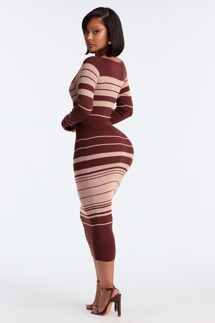 Line Me Up Striped Sweater Midi Dress - Chocolate