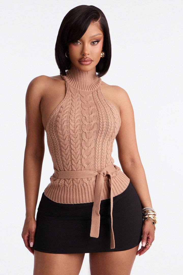 Sassy Soul Cable Knit Turtle Neck Sweater Top - Mocha