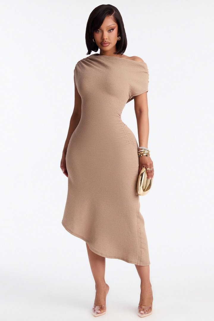 Milena Asymmetrical Textured Midi Dress - Taupe