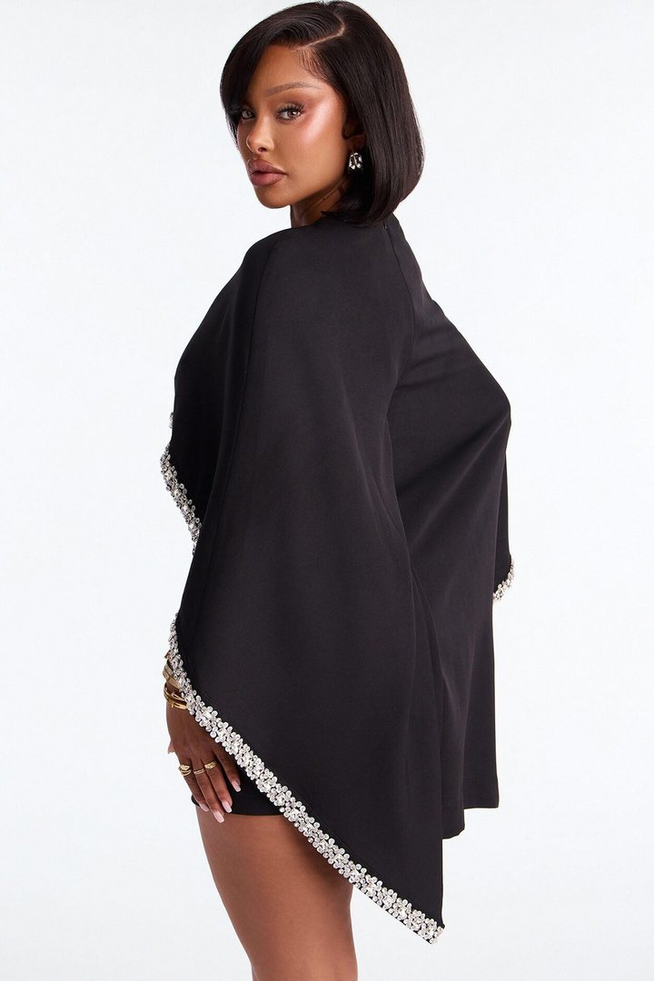 Rosalee Rhinestone Trim Cape Mini Dress - Black