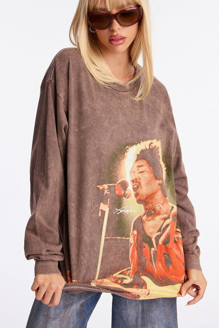 Jimi Hendrix Washed Long Sleeve Tee - Brown