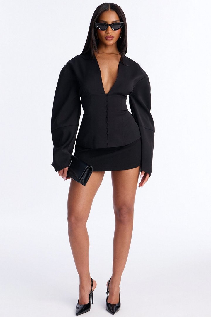 Off Duty Boss Puff Sleeve Button Front Blouse - Black